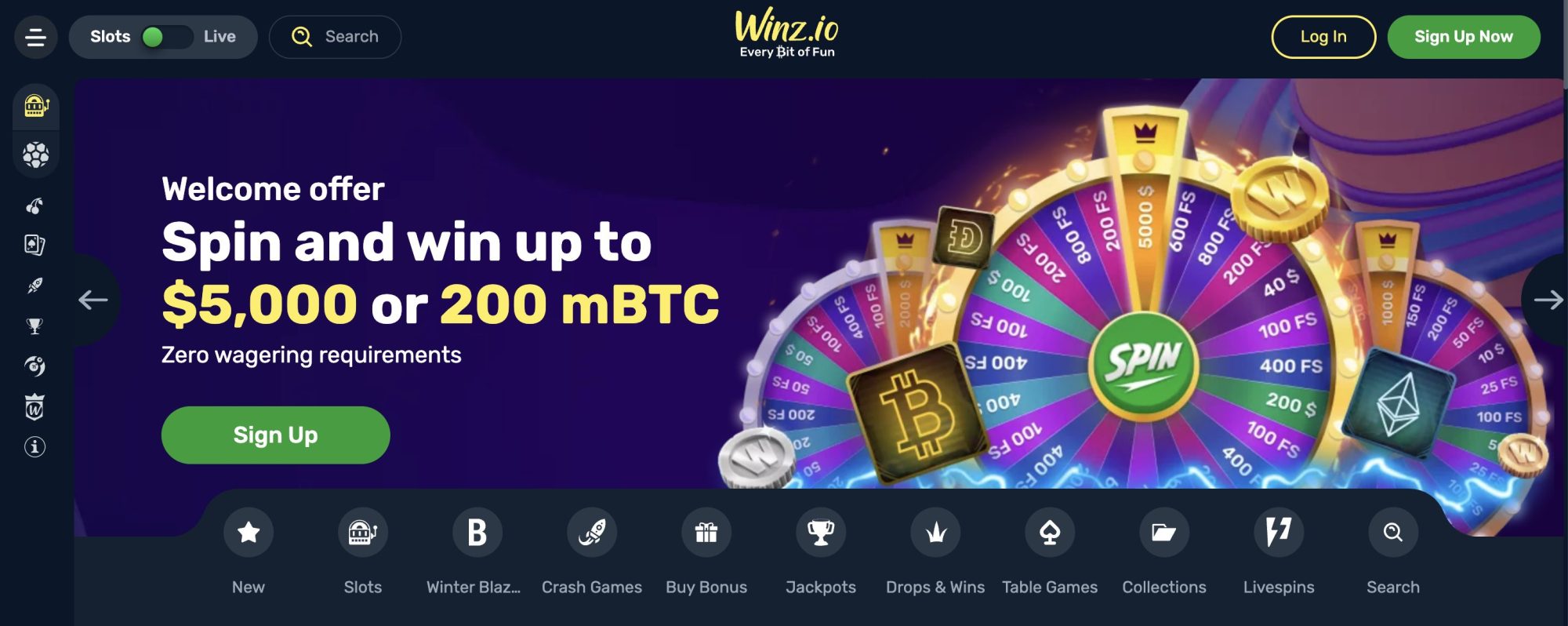 Winz.io crypto casino welcome offer