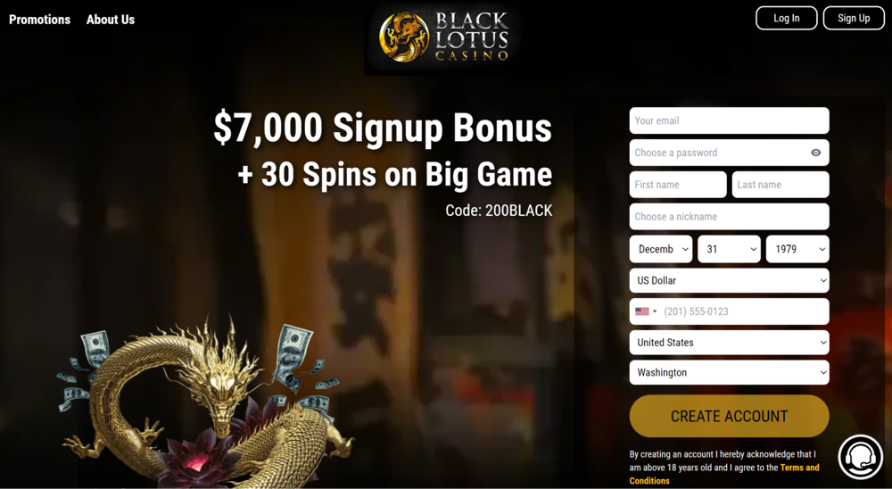 Black Lotus casino registration and $7,000 bonus offer.