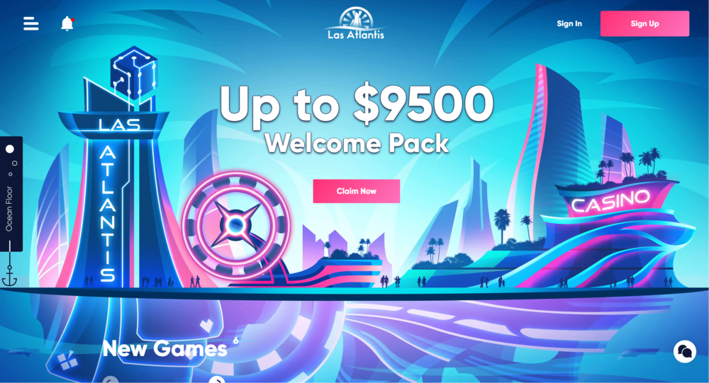 Las Atlantis casino homepage with $9,500 welcome bonus offer