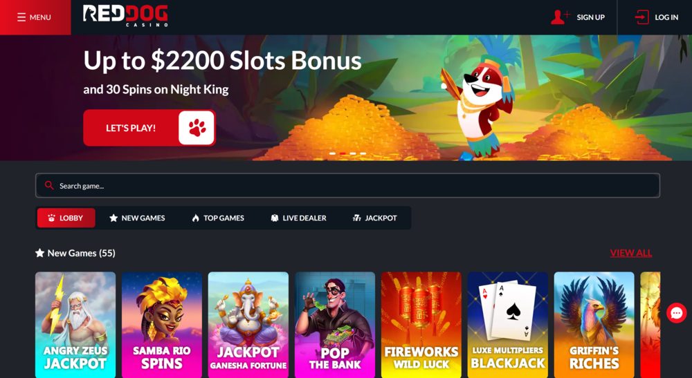 Red Dog casino lobby showing slot games and $2,200 slots bonus