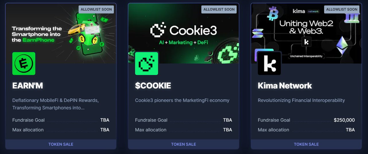 A screenshot of upcoming projects on the Polkastarter website
