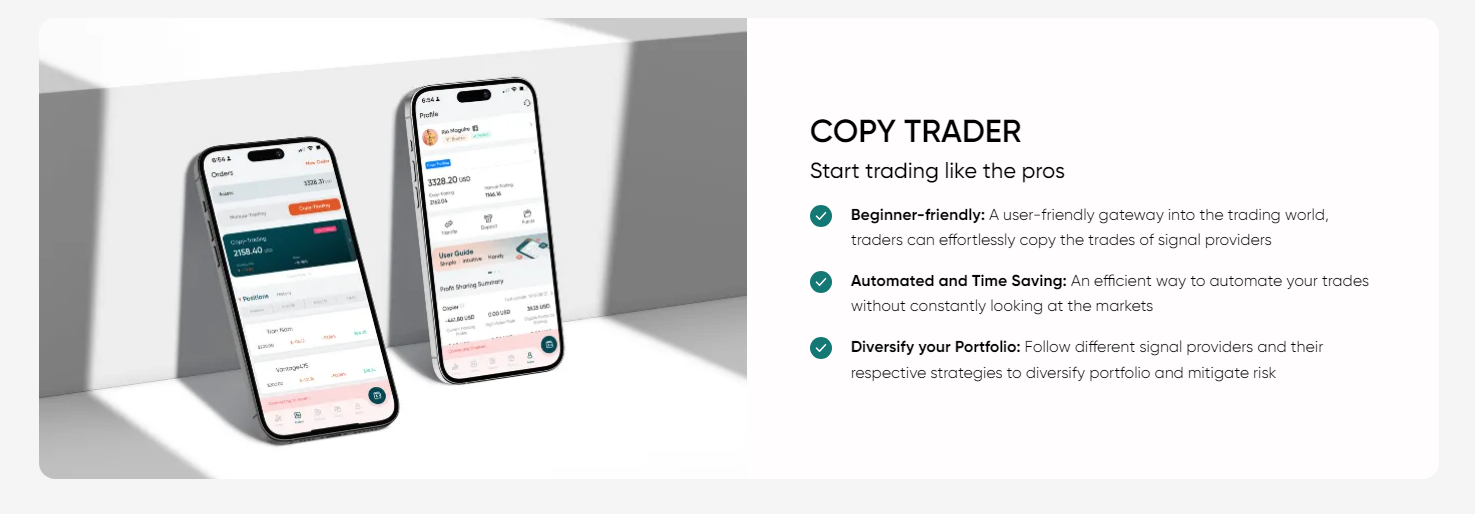 An image advertising Vantage Markets' social trading feature, taken from the official website