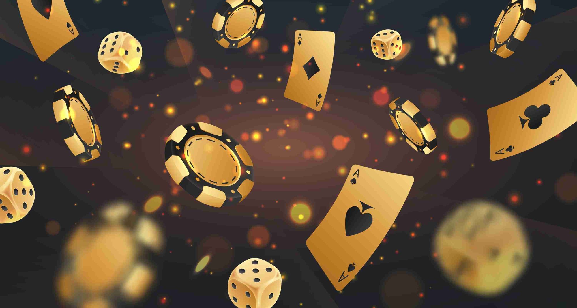 casino themed image of falling poker chips, cards and dice