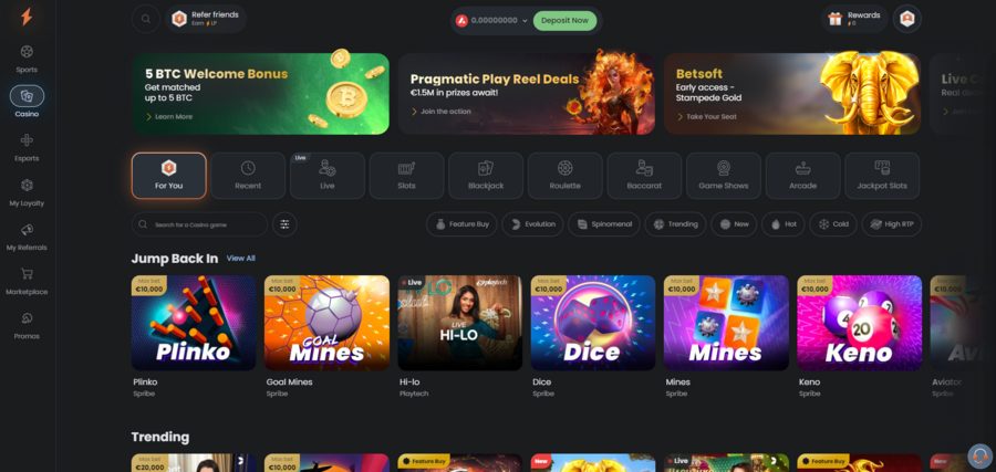 Cloudbet casino lobby, displaying popular games and the main deals