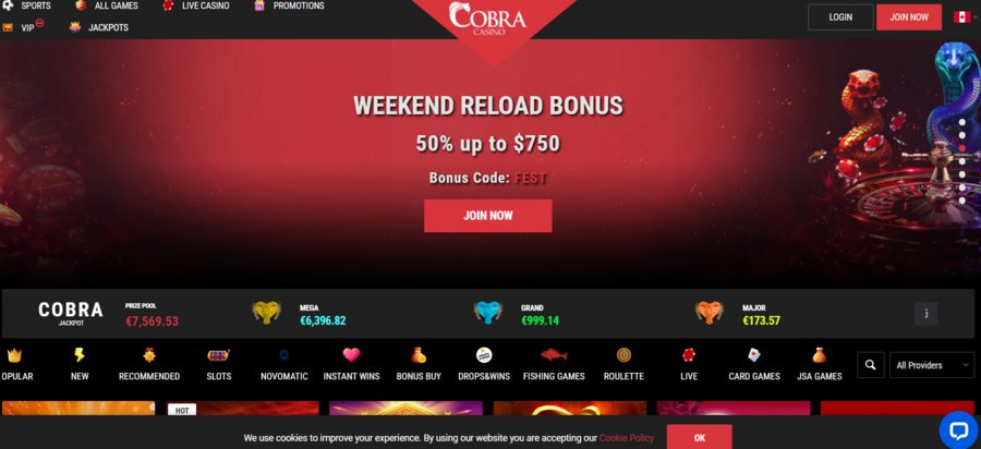 Cobra Casino’s sections include casino games, live casino, jackpots, and sports betting