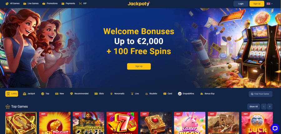 Homepage of Jackpoty Casino, emphasizing the welcome package of four deposit bonuses