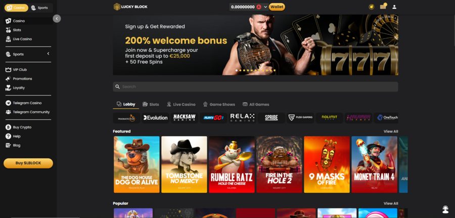 Lucky Block’s casino lobby with the welcome bonus and featured games on top