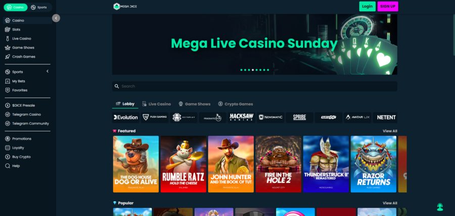 Mega Dice's homepage displays the platform’s main offers and games