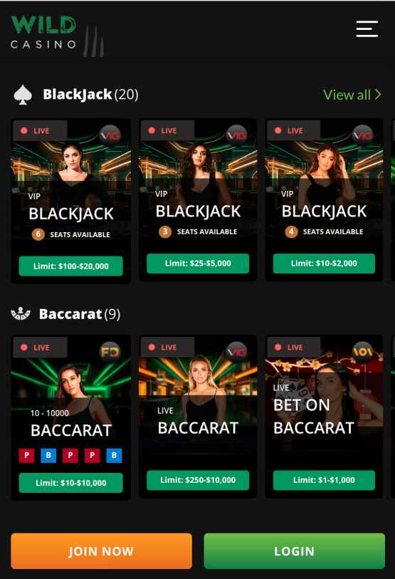 Wild Casino play blackjack on a mobile device