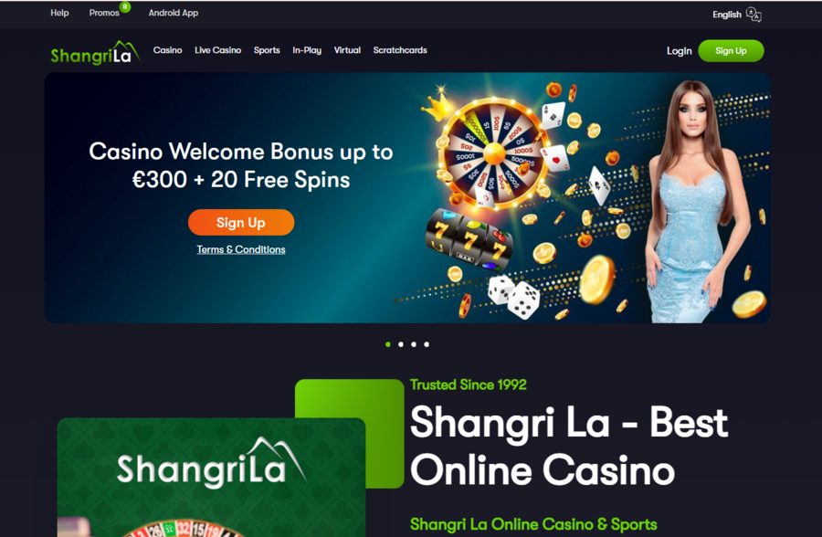 Shangri La’s homepage showing the welcome bonus for casino players