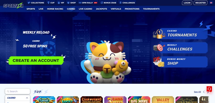 Sportaza’s cheerful casino section shows the main features the brand offers casino players