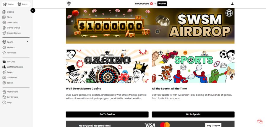 WSM Casino’s homepage emphasizes its $WSM token airdrop