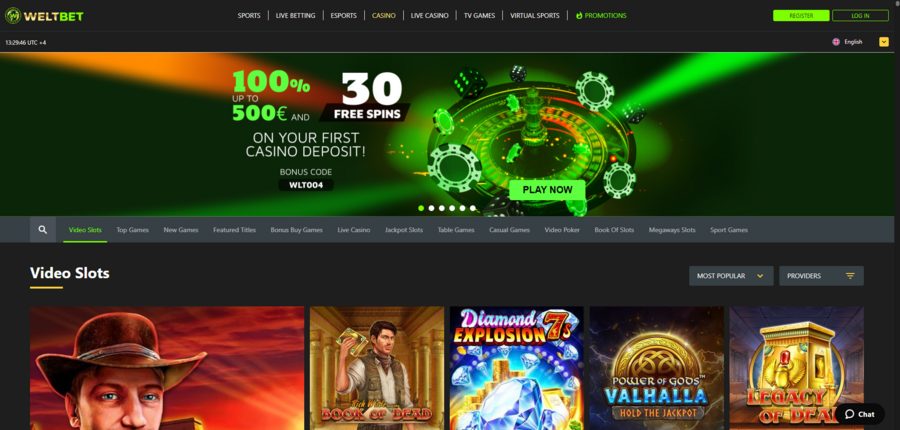 Weltbet’s casino section displays the welcome bonus and video slots at the top