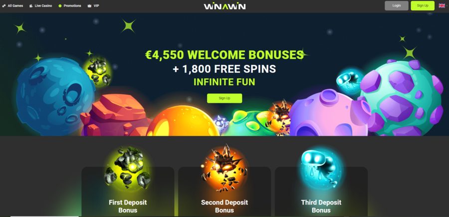 Winawin’s homepage showing the site’s welcome bonuses and free spin rewards