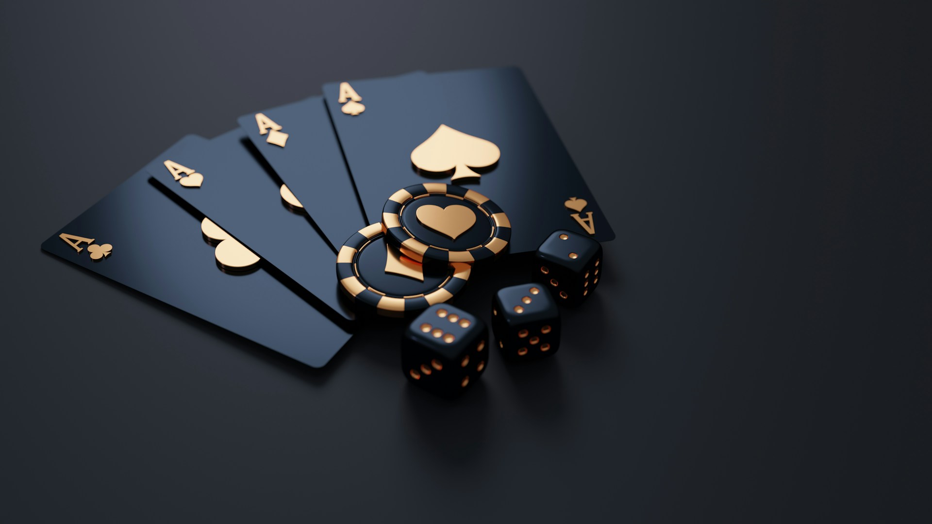 black playing cards, chips and dice