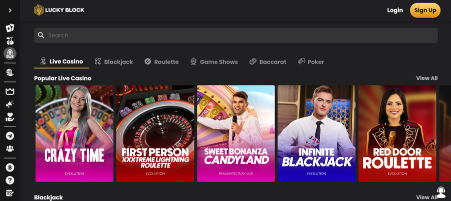 Lucky Block's live section is powered by Evolution Gaming and also features games from other major providers. 