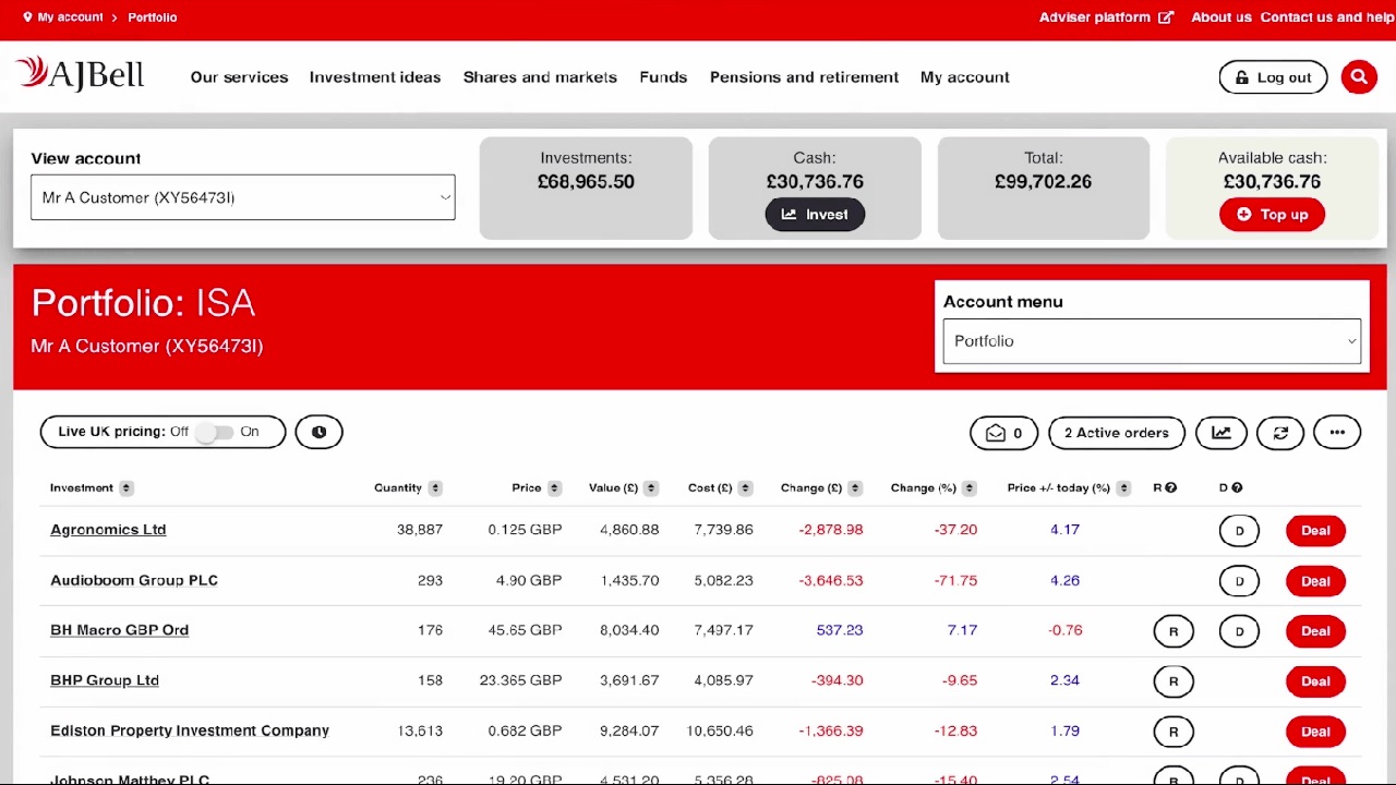 Screenshot of AJ Bell platform showing a ISA portfolio