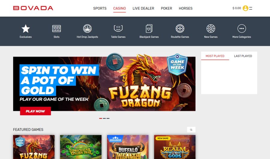 Bovada’s casino section, where you’ll find all the casino games except for live dealers