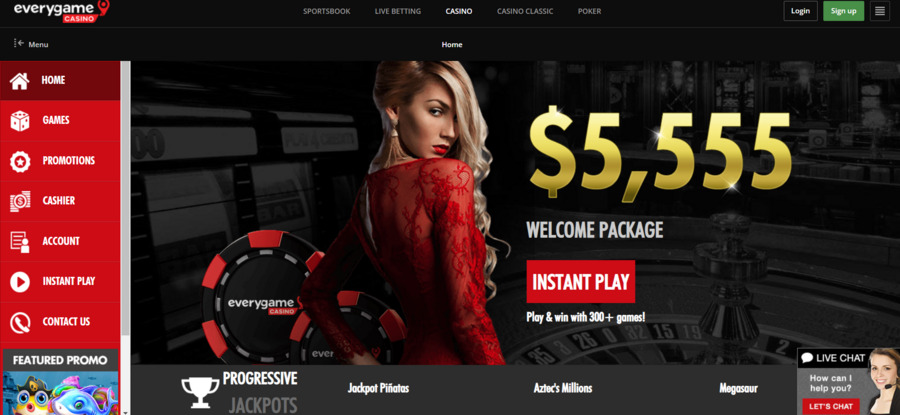 Everygame Casino features 24/7 customer support and a $5,555 sign-up bonus for new players.