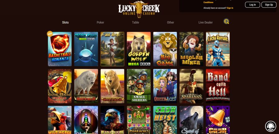Lucky Creek Casino’s game library on the homepage