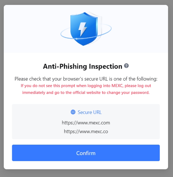 Anti phishing verification on secure crypto exchange MEXC