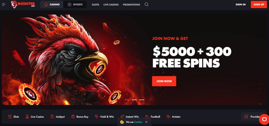 Rooster Bet features daily wheel of fortune prizes and 300 free spins on sign-up