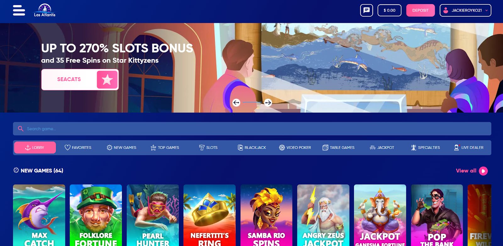 View of the homepage of Las Atlantis you unlock once you register. 