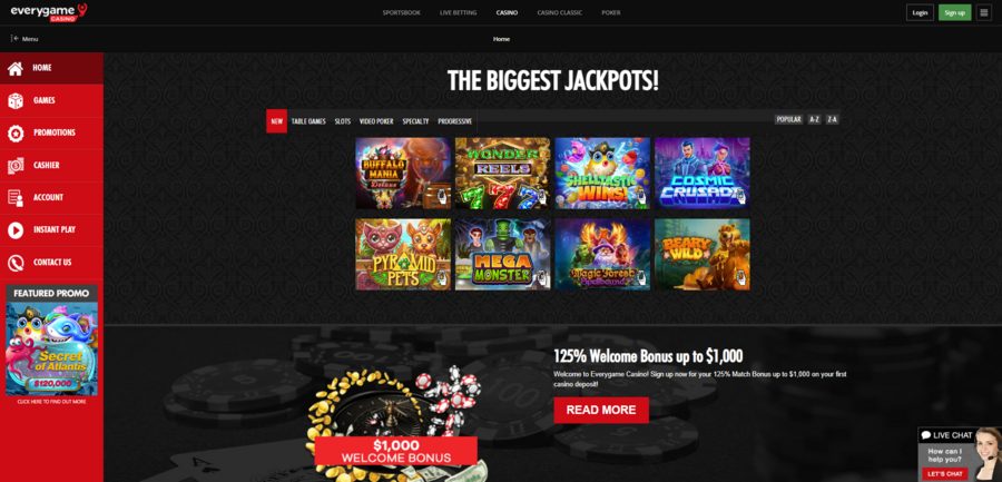 Homepage of Casino Red, one of the two Everygame casinos. 