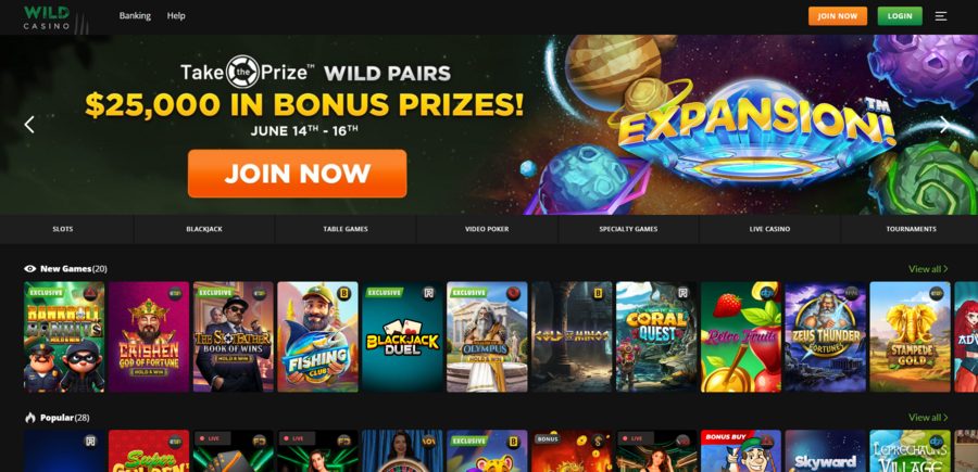 Wild Casino’s homepage where you get info on the two most important features of every Alaska online casino — games and promotions. 