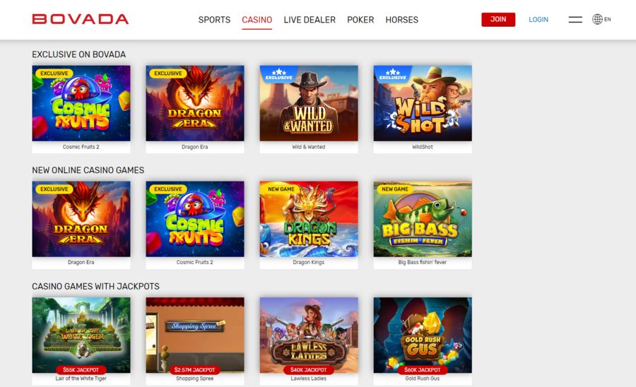A view of some of the categories found in Bovada’s game library