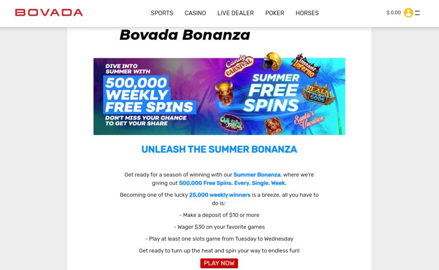 An overview of Bovada’s Summer Bonanza promotion with weekly free spins