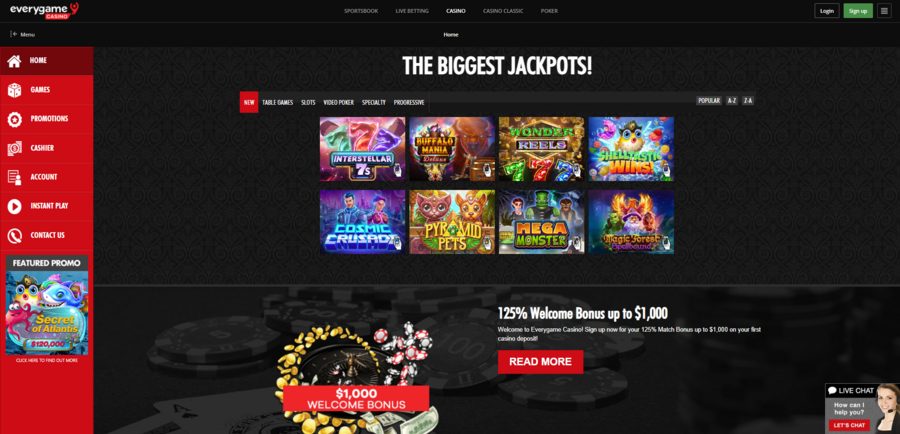 An overview of Everygame Casino Red, one of the two casinos the brand offers on the same site