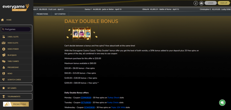 Everygame Casino Classic’s Daily Double Bonus and what it covers