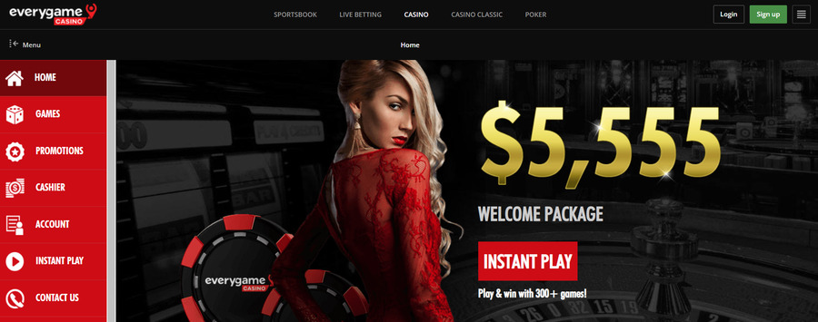 Everygame Casino boasts a $5,555 welcome package through four initial deposits, along with weekly reloads and high-limit tournaments.