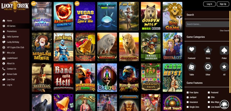 A glance at Lucky Creek Casino’s game library and its many filtering options