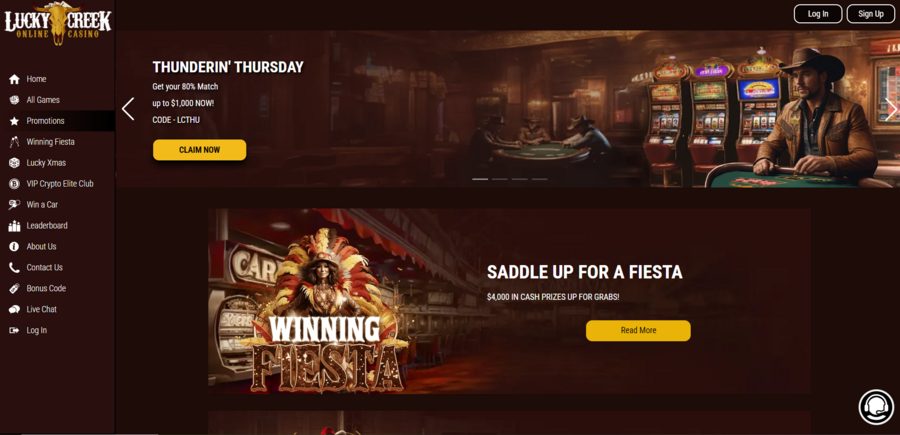 A look at Lucky Creek’s Promotions page, with the Thunderin’ Thursday reload bonus at the top