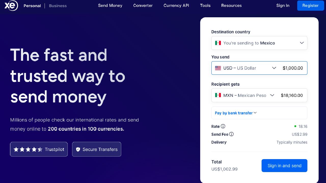 XE Money Transfer Screen