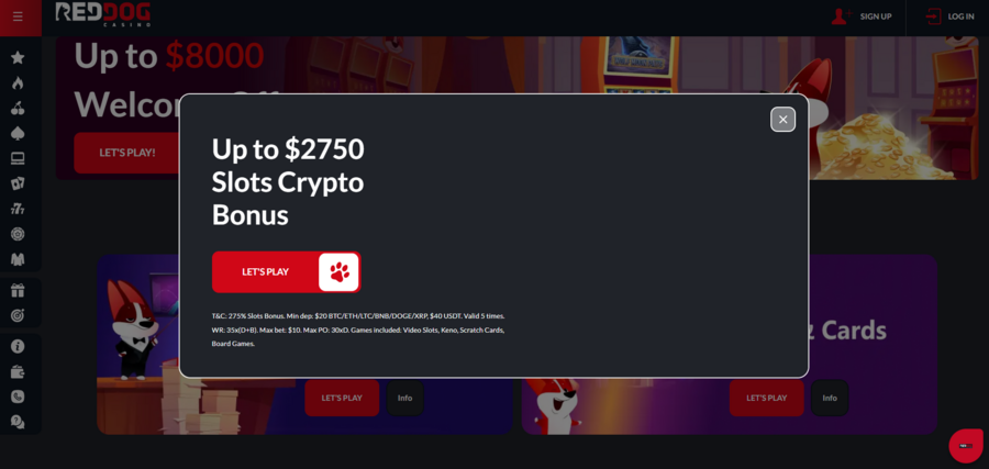 Overview of the $2,750 crypto reload bonus with a look of the Red Dog Casino in the background
