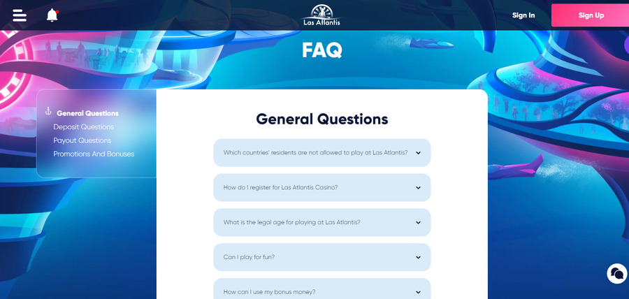 The FAQ page at Las Atlantis comprehensively introduces newcomers to all essential areas of the casino, from deposits to promotions.