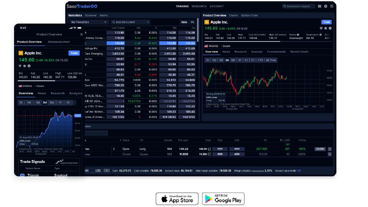 mobile and tablet screens of the Saxo UK trading app